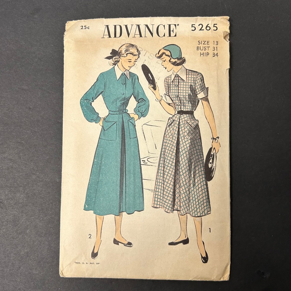 Vintage 40's Advance Sewing Pattern 5265 Women Size 13 Dress Pockets